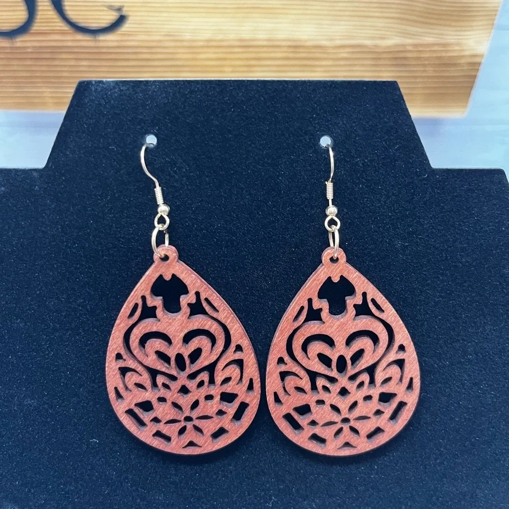 Laser carved wood Teardrop Earrings